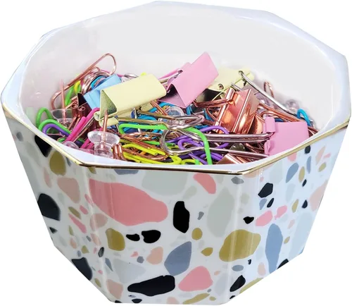 Vista 6 de Soporte de clip de papel de cerámica con línea dorada, dispensador de clips de papel geométrico floral para escritorio, lindo organizador de clips