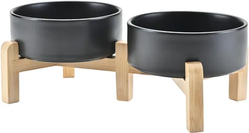 Vista 56 de SPUNKYJUNKY Cuencos elevados de cerámica para perros, 5.1 pulgadas, para comida de perros y gatos, cuencos elevados con soporte de bambú Verde oscuro