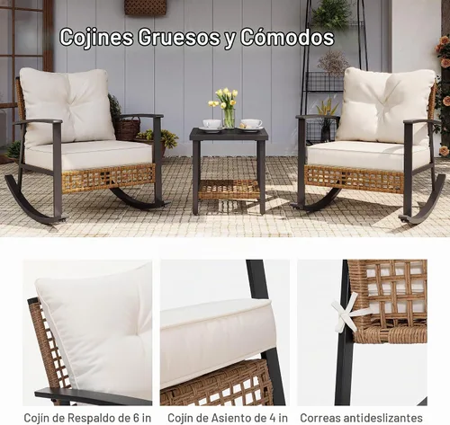 Vista 4 de LAUSAINT HOME Mecedora de mimbre para exteriores, silla de patio de gran tamaño, cómoda silla mecedora con cojín grueso, silla moderna y acogedora