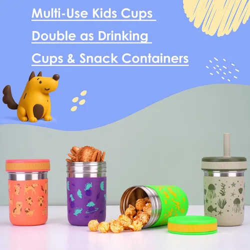 Vista 6 de Sursip Vasos para niños pequeños con tapas y pajitas, vaso de acero inoxidable a prueba de derrames, para beber, batidos, aperitivos, leche sin BPA