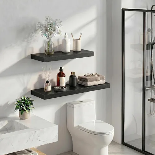 Vista 5 de Heimlove Juego de 2 estantes flotantes de 16 pulgadas para pared, estante negro para baño pequeño, dormitorio, sala de estar, cocina, decoración