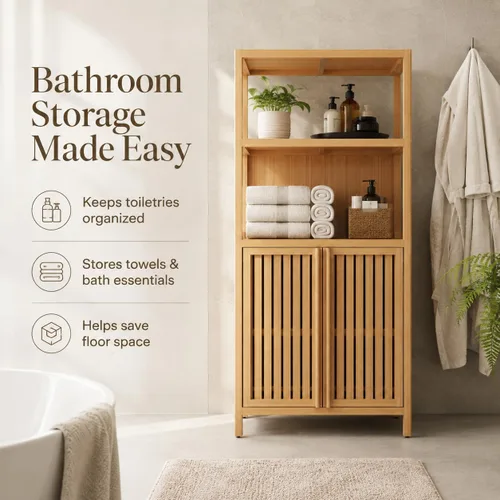 Vista 5 de Gabinete de almacenamiento de baño de bambú de 52 pulgadas de alto Natural