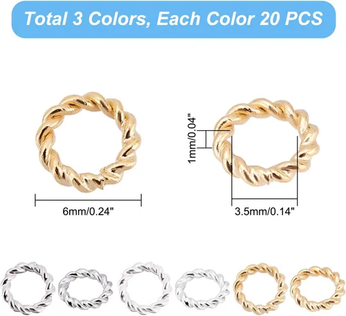 Vista 2 de PH PandaHall 60 anillos de salto de oro de 24 quilates, 3 colores de 0.236 pulgadas de latón, anillos de salto trenzados de calibre 18, anillos