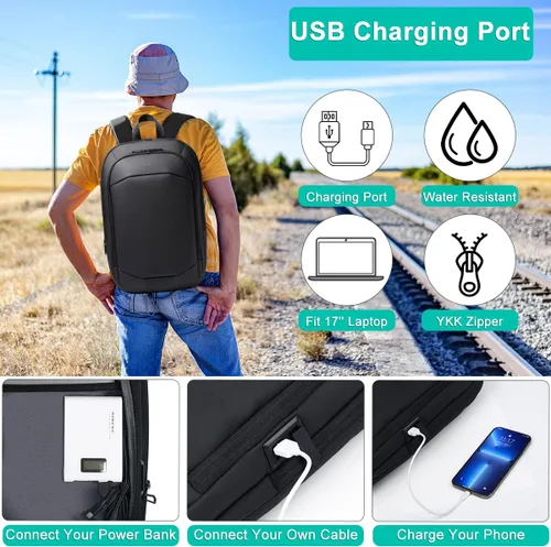 Vista 2 de hk Mochila de negocios para hombres de 17 pulgadas, delgada y expandible, impermeable, mochila de viaje para laptop con puerto de cargador USB, Negro