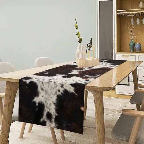 Vista 2 de YCness Camino de mesa con estampado de vaca, estilo occidental, estampado de piel de vaca marrón, estilo occidental, decoración de mesa