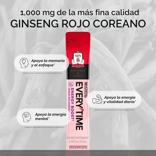 Vista 5 de JUNG KWAN JANG Everytime Energy Boost Extracto de Ginseng Rojo Coreano 1,000mg y Miel - Suplementos Líquidos en Stick de Bebida Energética