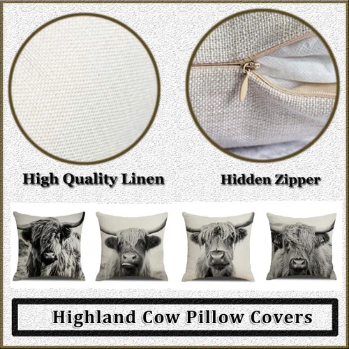Vista 5 de Juego de 4 fundas de almohada con estampado de vacas de las Tierras Altas, suaves fundas de almohadón decorativas de lino rústico, fundas