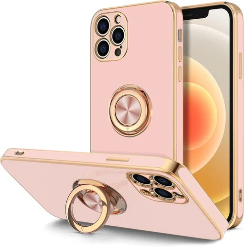 Vista 13 de Hython Funda para iPhone 12 Pro Max con Soporte de Anillo [Soporte Magnético Giratório de 360°] [Forro de Microfibra Suave] Borde Chapado en Oro