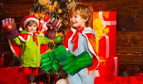 Vista 6 de Increíbles guantes de héroe supermanos aplastando puños cosplay disfraz de Halloween Navidad perlas marrones que brillan THA