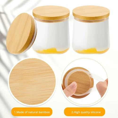 Vista 2 de Juego de tapas para tarros de yogur Sawysine, reutilizables, de bambú y madera, redondas, con anillos de sellado de silicona, compatibles con tarros