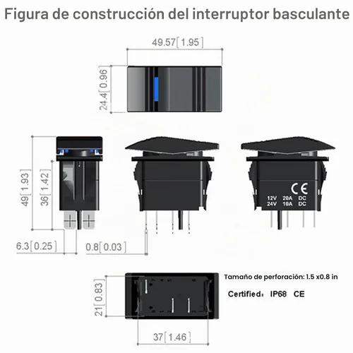 Vista 3 de Interruptor basculante marino de 3 pines para coche y barco 12V 24V encendido/apagado impermeable con LED azul SPST