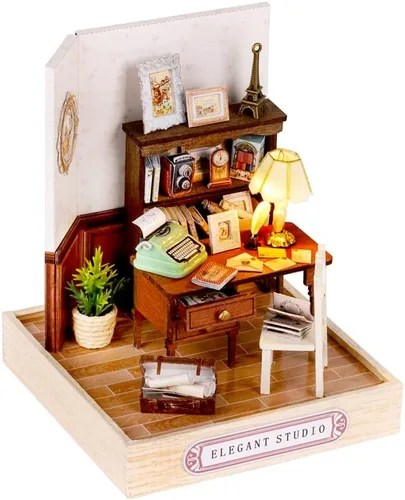 Vista 10 de TuKIIE Kit de casa de muñecas en miniatura con muebles, a escala 1:24, casa de muñecas de madera creativa para habitación mini, a prueba de polvo