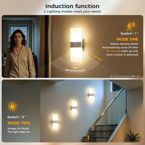 Vista 2 de Joosenhouse Juego de 2 apliques de pared con sensor de movimiento, luces de pared interiores cableadas, níquel cepillado de 11.4 pulgadas, modernos