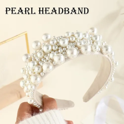 Vista 6 de MHDGG Diadema de perlas para mujeres y niñas, banda ancha con diamantes de imitación blancos brillantes, accesorio de boda