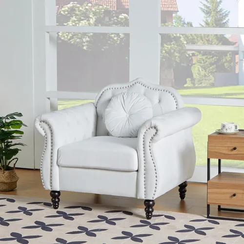 Vista 9 de AVZEAR Chesterfield - Juego de sofás seccional de 2 piezas para sala de estar, sofá tapizado en terciopelo moderno de mediados de siglo, sofá Blanco