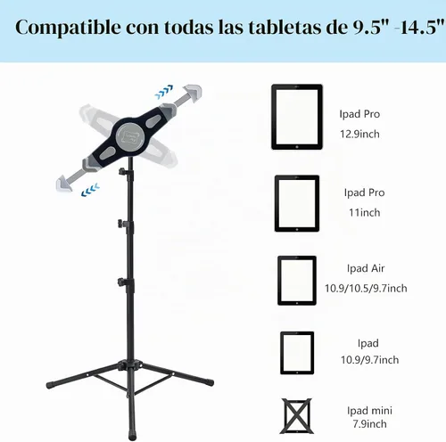 Vista 3 de Soporte de trípode para iPad, altura ajustable, soporte para iPad, soporte para tableta con rotación de 360 grados para iPad Pro12.9, iPad Air
