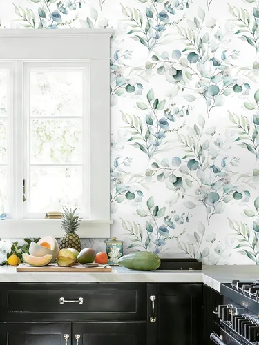 Vista 2 de Floralplus Papel tapiz autoadhesivo de hojas de eucalipto bohemio para baño, apto para inquilinos, papel tapiz extraíble, papel adhesivo adhesivo