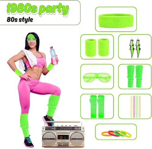 Vista 3 de Abitoncc 80s Women's Costumes Accessories Set Halloween Retro 80s Pink Neon Leg Warmers Headband Fanny Pack Wristbands Gloves