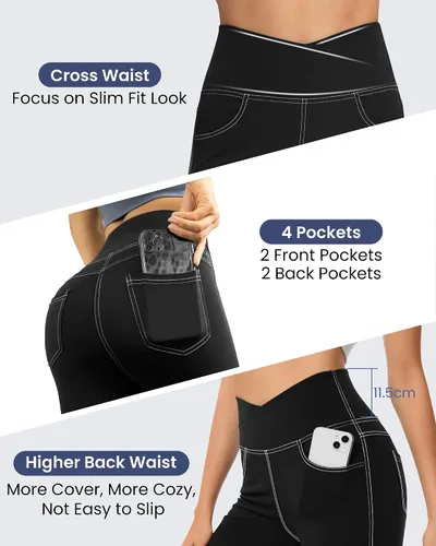 Vista 5 de G4Free Pantalones de yoga con bolsillos para mujer, leggings acampanados de 29, 31, 33 pulgadas, cintura cruzada, capri