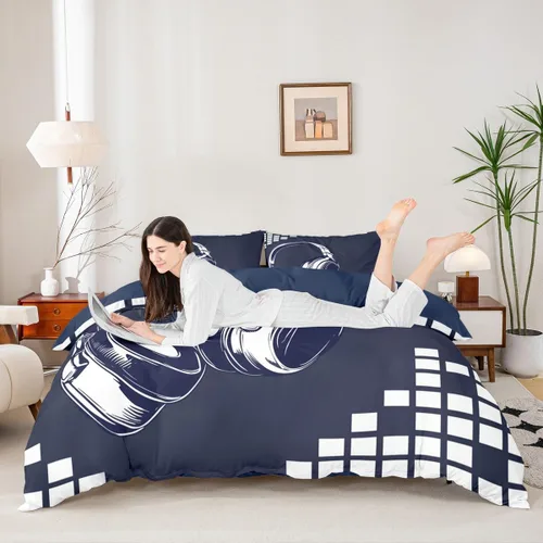 Vista 3 de Feelyou - Funda de edredón con estampado de auriculares, juego de ropa de cama con temática musical, patrón geométrico musical, funda de edredón