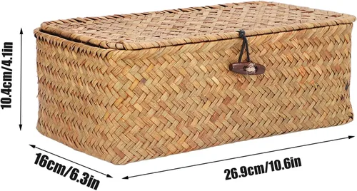 Vista 5 de Cesta de almacenamiento de hierba marina natural, cesta rectangular tejida de ratán natural con tapas, organizador de escritorio, cesta decorativa