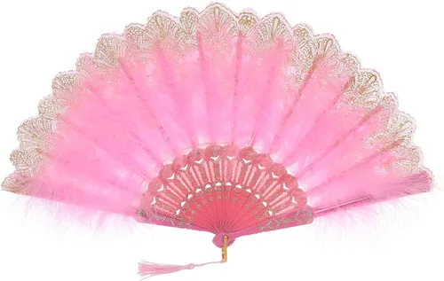 Vista 14 de BABEYOND Abanico de plumas de marabú estilo vintage de los años 20, abanico plegable de mano estilo flapper para disfraz y baile