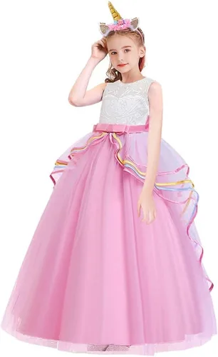 Vista 2 de HOIZOSG - Vestido de fiesta de Navidad con forma de unicornio para niñas con lazo, vestido de fiesta de Halloween, vestido de fiesta de Navidad