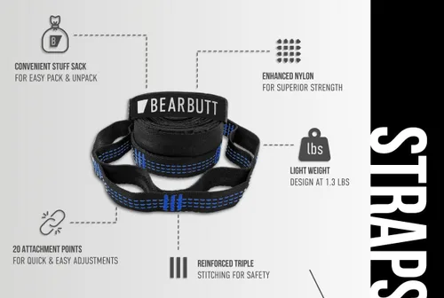 Vista 2 de Bear Butt Kodiak - Correas de hamaca para árboles, 20 pies de largo, 40 bucles combinados, soporta 1000 libras, accesorios de campamento