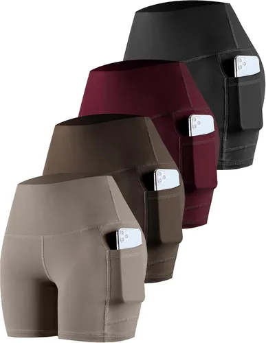 Vista 15 de CHRLEISURE - Pantalones cortos de ciclismo para mujer con bolsillos de licra, cintura alta, con control de abdomen para entrenamiento, yoga