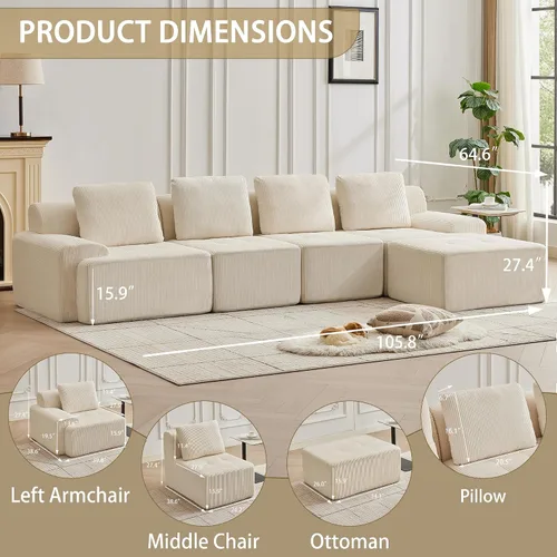 Vista 48 de Sofá modular modular con otomana móvil, sofá de asiento profundo con almohadas, cómodo sofá modular de nube para sala de estar, dormitorio y Blanco