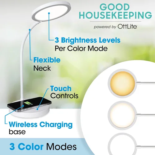 Vista 2 de OttLite Good Housekeeping - Lámpara de escritorio LED circular con carga inalámbrica, diseñada para reducir la fatiga ocular, lámpara de escritorio