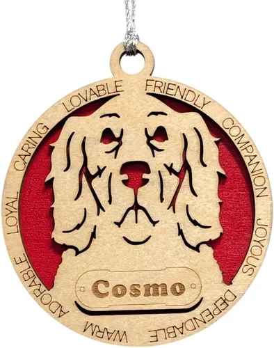 Vista 147 de Adorno de Navidad personalizado para perro Cavalier King Charles Spaniel, redondo de 3 pulgadas, madera cortada con láser de 2 capas, nombre y texto