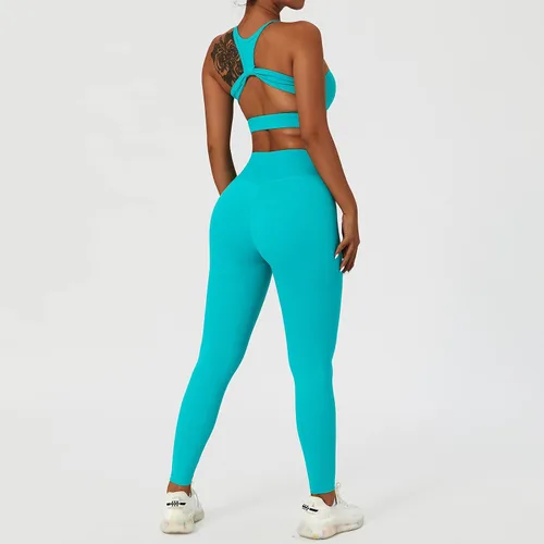Vista 6 de ABOCIW Conjuntos de entrenamiento para mujer, 2 piezas, cintura cruzada, leggings de cintura alta, tirantes deportivos, para ejercicio, gimnasio