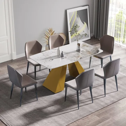 Vista 2 de Mesa de comedor moderna de 63 pulgadas, mesa de cocina rectangular con parte superior de piedra de mármol artificial y base de metal dorado, mesa