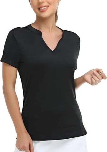 Vista 4 de MIER Women's Collarless Polo Shirt Quick Dry Short Sleeve Golf Shirt for Tennis, Athletic, Lightweight V Neck Polo Tshirts