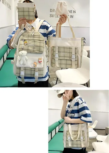 Vista 7 de Aobiono Juego de 5 mochilas a cuadros kawaii, estética, a cuadros, con alfileres, oso, colgante, luz escolar, kit de suministros escolares