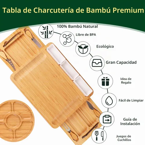 Vista 2 de YZS - Juego de tabla de charcutería, juego de tabla de queso y cuchillo con bandeja de queso, plato grande de bambú para queso y carne, regalo