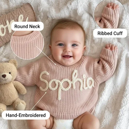 Vista 5 de Suéter de bebé personalizado con nombre, suéter personalizado para recién nacido, niño, niña, regalo bordado a mano para baby shower, cumpleaños