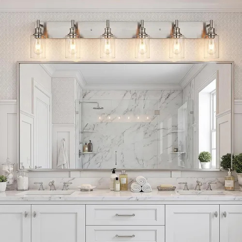 Vista 8 de 6 luces de tocador de baño, níquel cepillado, accesorios de iluminación de baño sobre espejo con vidrio transparente, aplique de pared industrial