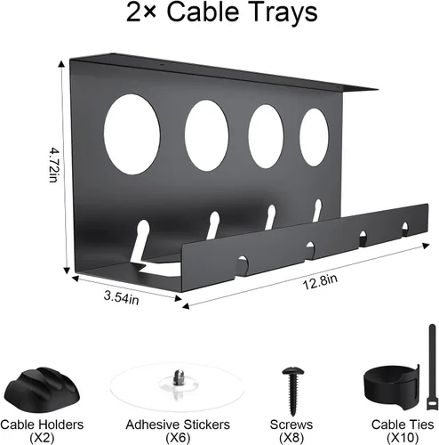 Vista 5 de Organizador de cables debajo del escritorio, paquete de 2 bandejas de metal súper resistentes para cables y regletas de alimentación (12.6 pulgadas)