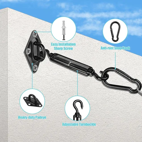 Vista 3 de HOMPER Juego de accesorios para toldo, toldo resistente, kit de accesorios de acero inoxidable para jardín, triángulo y accesorios de fijación