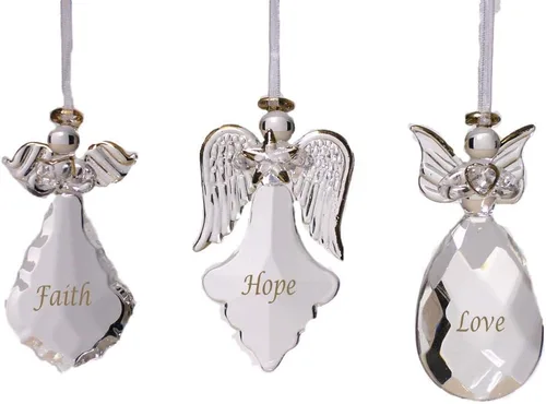 Vista 4 de Faith Hope Love - Juego de 3 adornos de Navidad de ángel de cristal transparente con letras doradas, decoraciones inspiradoras para el árbol