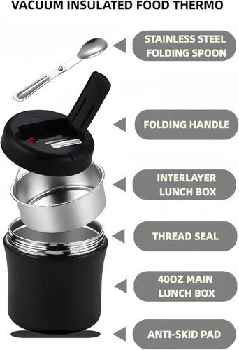 Vista 3 de Recipiente aislado para almuerzo de 40 onzas con bolsa térmica y cuchara plegable, tarro de alimentos de acero inoxidable a prueba de fugas, caja