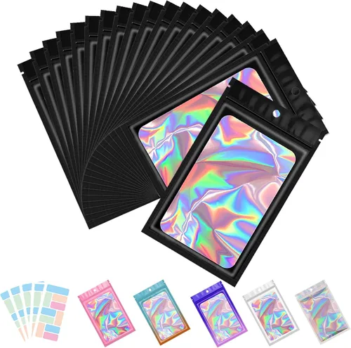 Vista 11 de Paquete de 100 bolsas de Mylar con ventana transparente, holográficas, a prueba de olores, para pequeñas empresas, bolsas resellables