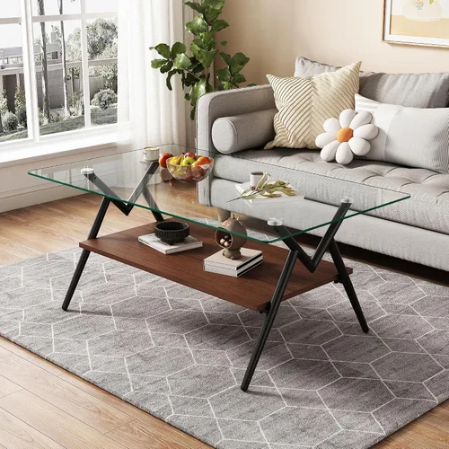 Vista 8 de Mesa auxiliar rectangular contemporánea de cristal con patas de metal cruzadas en ángulo para sala de estar, elegante mesa auxiliar de vidrio