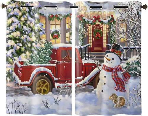 Vista 28 de Libaoge Cortinas de Navidad para cocina, dormitorio, juego de 2 paneles, diseño de muñeco de nieve de Navidad, cortinas de invierno con copos