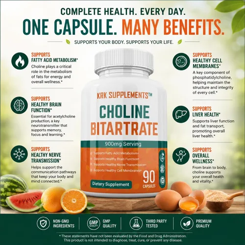 Vista 2 de Bitartrato de colina 900 mg por porción 90 cápsulas KRK SUPPLEMENTS