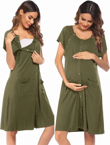 Vista 14 de Ekouaer - Vestido de maternidad 3 en 1 para trabajo de parto/hospital, camisón de lactancia, ropa de dormir para amamantar con botones S-XXL A-Negro