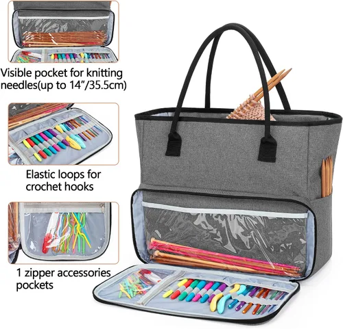 Vista 2 de Yarwo Bolsa de ganchillo para tejer, bolsa de almacenamiento de hilo para proyectos de WIP, madejas de hilo, ganchos de ganchillo y agujas de tejer