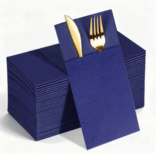 Vista 10 de KAMMAK Servilletas negras desechables con bolsillo, paquete de 50 servilletas de papel de lino preplegadas para decoración de fiestas, decoración